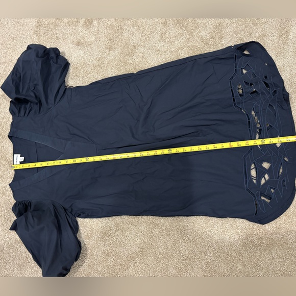 🆕 FOR CYNTHIA Navy Puff Sleeve Embroidered Hem Midi Dress - Picture 13 of 15